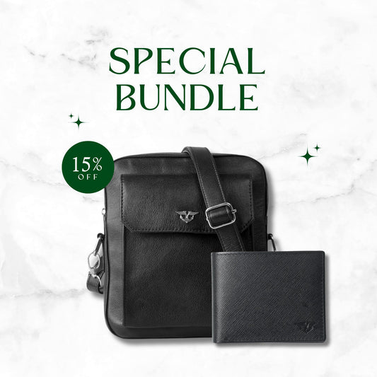 Elite Black Messenger Bag & Black Saffiano Leather Billfold